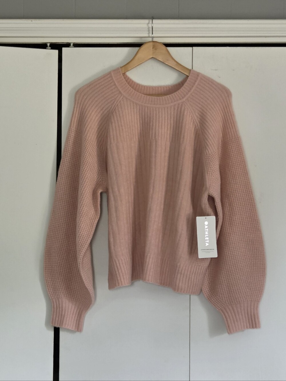 Athleta Blush Ribbed Crewneck Sweater with Balloon Sleeves